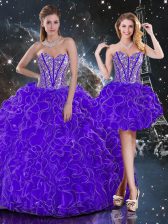  Sleeveless Floor Length Beading and Ruffles Lace Up Quinceanera Gowns with Purple