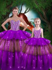 Stylish Sleeveless Floor Length Beading and Ruffled Layers Lace Up Quinceanera Dresses with Purple