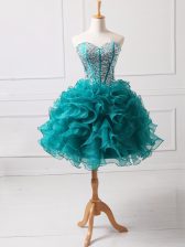 Decent Teal Organza Lace Up Sweetheart Sleeveless Mini Length Prom Evening Gown Beading and Ruffles