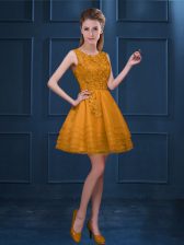 Free and Easy A-line Dama Dress Gold Scoop Tulle Sleeveless Knee Length Zipper