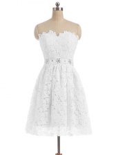  White A-line Beading and Lace and Appliques Dress for Prom Zipper Lace Sleeveless Knee Length