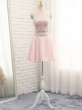 Pink Chiffon Zipper Dress for Prom Sleeveless Mini Length Beading