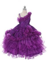 Elegant Floor Length Purple Pageant Gowns For Girls Organza Sleeveless Lace and Ruffles and Ruffled Layers