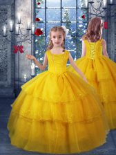 Nice Organza Sleeveless Floor Length Little Girls Pageant Dress and Ruffled Layers