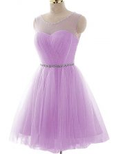  Lavender Tulle Lace Up Evening Dress Sleeveless Mini Length Beading and Ruching