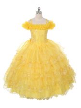  Yellow Ball Gowns Off The Shoulder Sleeveless Organza Floor Length Lace Up Ruffles and Ruffled Layers Girls Pageant Dresses