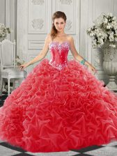 Super Sweetheart Sleeveless Organza Quince Ball Gowns Beading and Ruffles Court Train Lace Up