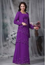  Straps Sleeveless Homecoming Dress Floor Length Beading Purple Chiffon