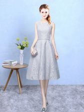 Custom Made Lace Dama Dress Grey Zipper Sleeveless Tea Length