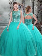 Hot Selling Turquoise Sleeveless Floor Length Beading Lace Up Quinceanera Dress