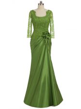Designer Scoop Long Sleeves Elastic Woven Satin Prom Dresses Lace and Appliques and Hand Made Flower Zipper
