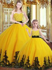 Noble Gold Lace Up 15th Birthday Dress Beading and Appliques Sleeveless Floor Length