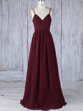  Sleeveless Chiffon Floor Length Zipper Quinceanera Court of Honor Dress in Burgundy with Appliques