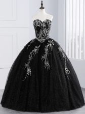 Glittering Floor Length Black Ball Gown Prom Dress Tulle Sleeveless Embroidery