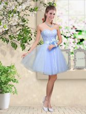 Hot Sale Lavender A-line Sweetheart Sleeveless Tulle Knee Length Lace Up Lace and Belt Damas Dress