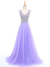  Sleeveless Floor Length Beading Zipper Prom Evening Gown with Lavender