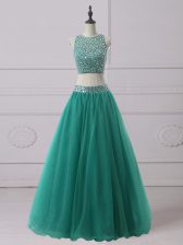 Fabulous Green Two Pieces Scoop Sleeveless Tulle Floor Length Zipper Beading Prom Dress