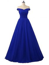 Spectacular Off The Shoulder Sleeveless Prom Dress Floor Length Ruching Royal Blue Tulle