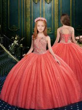  Scoop Sleeveless Tulle Child Pageant Dress Appliques Lace Up