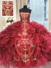  Wine Red Lace Up 15th Birthday Dress Appliques and Ruffles Sleeveless Floor Length