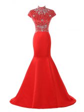 Glittering Coral Red Satin Zipper Homecoming Dress Short Sleeves Sweep Train Beading