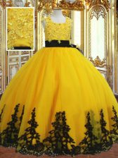 Admirable Sleeveless Floor Length Lace and Appliques Zipper Little Girls Pageant Dress Wholesale with Gold