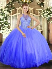 High Class Lavender Ball Gowns Tulle Halter Top Sleeveless Beading Floor Length Lace Up Ball Gown Prom Dress