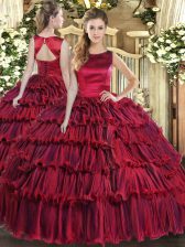 Sexy Wine Red Sleeveless Organza Lace Up Quinceanera Dress for Military Ball and Sweet 16 and Quinceanera