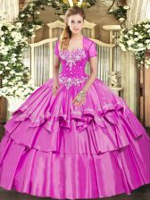  Sleeveless Organza and Taffeta Floor Length Lace Up 15th Birthday Dress in Lilac with Beading and Ruffled Layers