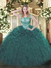  Scoop Sleeveless Organza Quince Ball Gowns Beading and Ruffles Lace Up