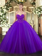 Decent Sleeveless Floor Length Beading Lace Up Quinceanera Dresses with Purple