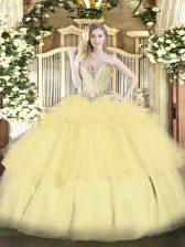  Sleeveless Tulle Floor Length Lace Up Ball Gown Prom Dress in Gold with Beading and Ruffled Layers