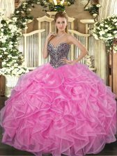 Dynamic Rose Pink Sleeveless Beading and Ruffles Floor Length 15 Quinceanera Dress