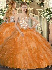 Artistic Orange Quince Ball Gowns Sweet 16 and Quinceanera with Beading and Ruffles Straps Sleeveless Lace Up