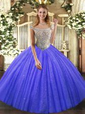 Sophisticated Blue Ball Gowns Tulle and Sequined Off The Shoulder Sleeveless Beading Floor Length Lace Up 15th Birthday Dress