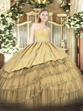 Sexy Gold Organza and Taffeta Zipper Quinceanera Dress Sleeveless Floor Length Beading and Lace and Embroidery and Ruffled Layers