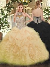 Customized Champagne Lace Up Sweet 16 Dress Beading and Ruffles and Pick Ups Sleeveless Floor Length