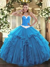  Sleeveless Organza Floor Length Lace Up 15 Quinceanera Dress in Baby Blue with Appliques and Ruffles