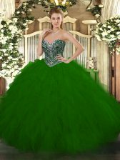  Green Ball Gowns Beading and Ruffles Quince Ball Gowns Lace Up Tulle Sleeveless Floor Length