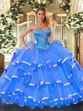  Blue Ball Gowns Beading and Ruffled Layers Quinceanera Gowns Lace Up Organza Sleeveless Floor Length