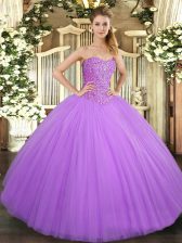  Lilac Ball Gowns Tulle Sweetheart Sleeveless Beading Floor Length Lace Up Quinceanera Gown