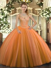 High Quality Orange Red Sleeveless Floor Length Beading Lace Up 15 Quinceanera Dress
