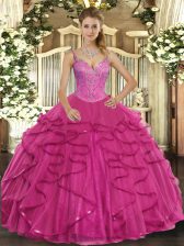  Tulle V-neck Sleeveless Lace Up Beading and Ruffles 15 Quinceanera Dress in Hot Pink