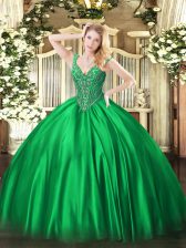  Ball Gowns Quinceanera Dress Green V-neck Satin Sleeveless Floor Length Lace Up
