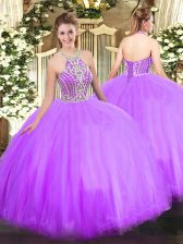 Modest Lilac Ball Gowns Beading Quinceanera Gowns Lace Up Tulle Sleeveless Floor Length