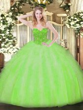 Fashionable Organza V-neck Sleeveless Lace Up Beading and Ruffles Quinceanera Gowns in 