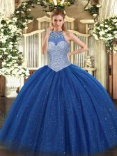 Custom Designed Floor Length Royal Blue Sweet 16 Dress Tulle Sleeveless Beading