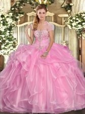  Sleeveless Floor Length Appliques and Ruffles Lace Up Quinceanera Gowns with Rose Pink 