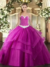 Customized Fuchsia Sleeveless Tulle Lace Up Quinceanera Dress for Military Ball and Sweet 16 and Quinceanera