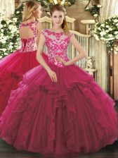  Sleeveless Organza Floor Length Lace Up Vestidos de Quinceanera in Fuchsia with Beading and Ruffles